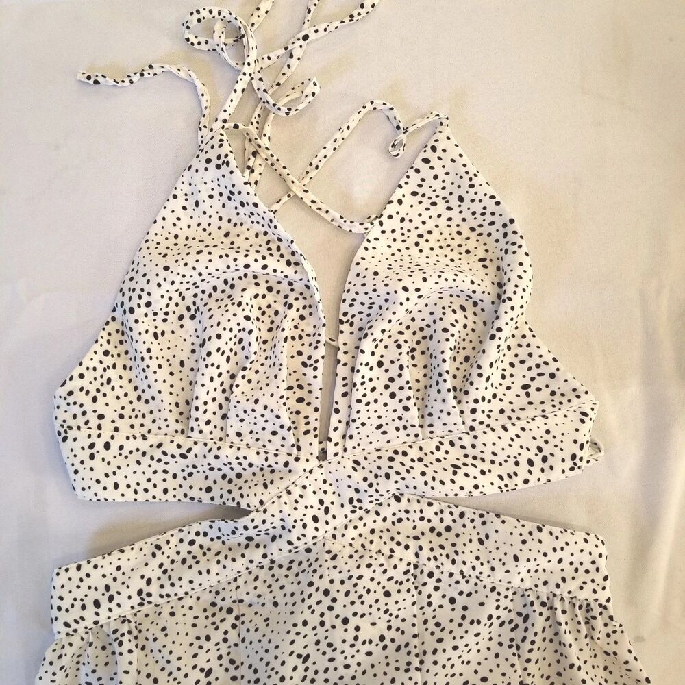 Dalmation Women Medium Maxi Halter Dress High Slit Black White Spot Print Trendy